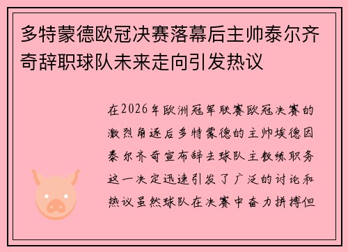 多特蒙德欧冠决赛落幕后主帅泰尔齐奇辞职球队未来走向引发热议