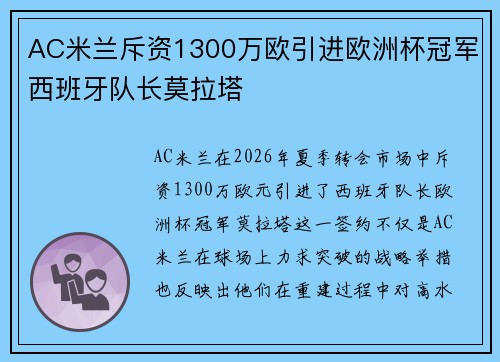 AC米兰斥资1300万欧引进欧洲杯冠军西班牙队长莫拉塔