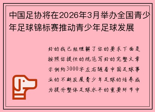 中国足协将在2026年3月举办全国青少年足球锦标赛推动青少年足球发展